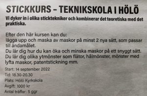 Stickkurs - Teknikskola i Hölö @ Kulturcentrum Hölö Kyrkskola